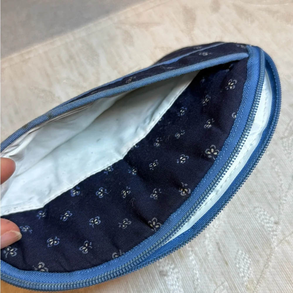 Vtg Lillian Vernon Quilted Floral Cosmetic Bag Navy Blue Makeup Pouch‎ 7”x5”